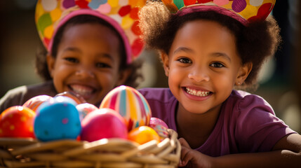 African american siblings arranging easter eggs.