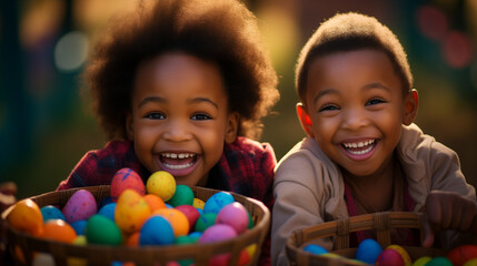 Fototapeta na wymiar African american siblings arranging easter eggs.