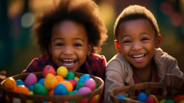 African american siblings arranging easter eggs.