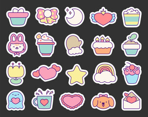 Beautiful different elements and characters of a happy lifestyle. Sticker Bookmark. Hand style. Vector drawing. Collection of design.