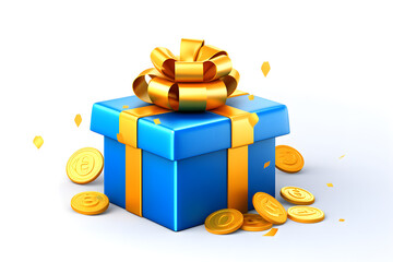 3D Loyalty program concept. Open gift box with coin. Win in game or casino. Surprise point. Special offer for Birthday. Cartoon creative design icon isolated on white background. 3D Rendering 
