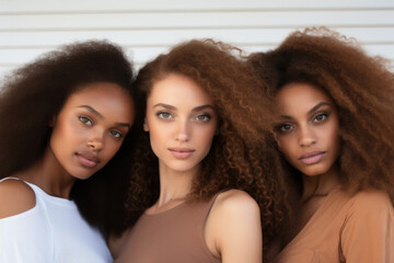 Fototapeta premium Three women of diverse ethnicities with natural hair pose together, showcasing beauty and unity in diversity