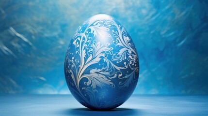  a blue and white painted egg sitting on a blue surface with a light shining through the top of the egg.
