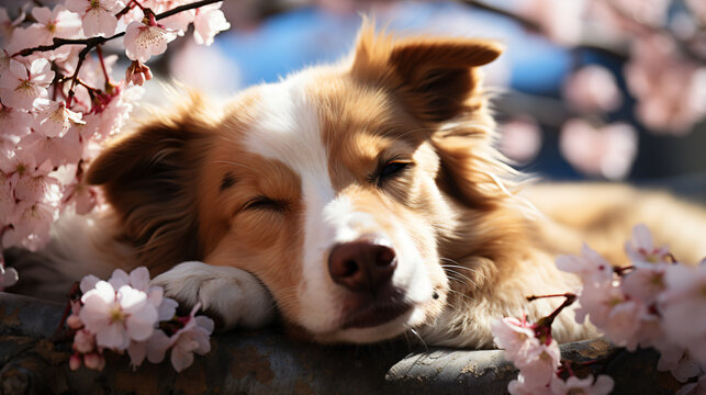 Cool dog resting under warm sunlight, surrounded by blooming cherry blossoms in a serene moment.

