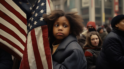 A young girl with an American flag looks on solemnly, representing hope and the future amid a crowd, evoking a powerful narrative