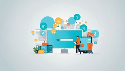 illustration of e-commerce, showing some electronic device surrounded by icons representing purchases, payments, and products