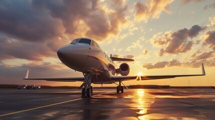 Private jet standing at an airport with setting sun traveling by aircraft airplane - obrazy, fototapety, plakaty