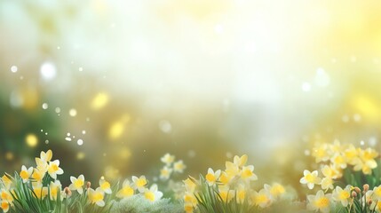 Narcissus grow on a lawn on a clear summer sunny day. Natural blurred background. Banner, free space for text, copy space