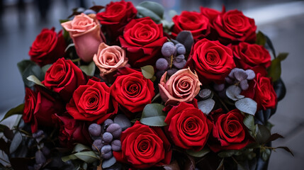 Red Roses Bouquet. Gift on Valentine's Day and International Women's Day. Big Beautiful shape of heart created with roses. Bouquet in the street with rose. A nice gift to women.