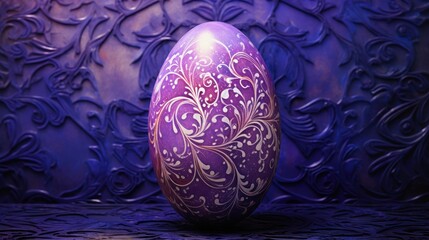  a purple egg sitting on top of a table next to a purple and gold wallpaper covered in intricate designs.