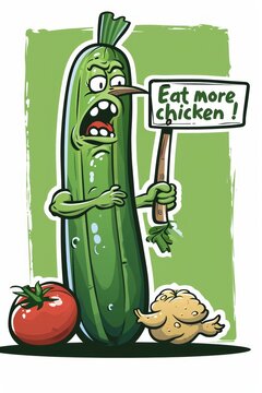 An angry cucumber holding a sign "Eat more chicken!", simple background, in the cartoon style