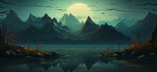 Picturesque scene of a serene mountainous landscape at night, reflected in a calm lake.
