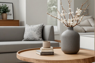 home interior design modern living room with corner sofa, pillows, blankets. flower vase, coffee table. generative AI
