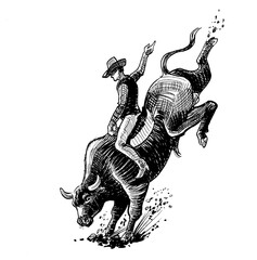 Rodeo cowboy riding a bull. Hand-drawn ink black and white illustration - 701480391