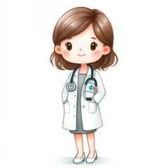 Cartoonish watercolor clipart with doctor with stethoscope