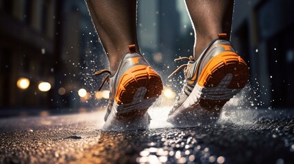 A jogger's feet pounding the pavement in cushioned running shoes.