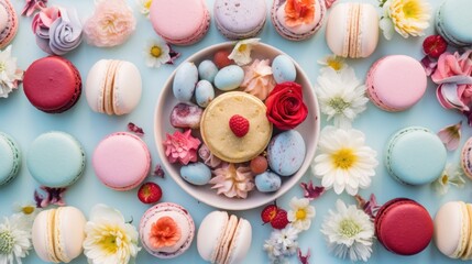  a bowl filled with macaroons and flowers next to a plate of macaroons on a blue surface.