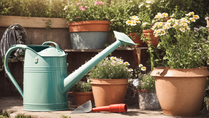 Obraz premium Colored watering can with flowers in the summer garden