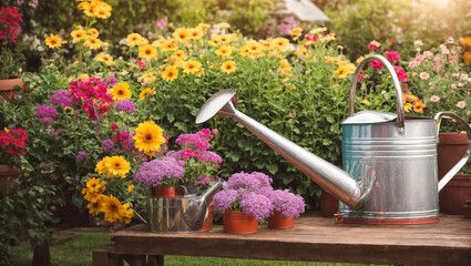  Colored watering can with flowers in the summer garden botanical