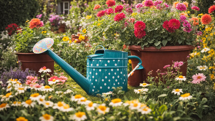  Colored watering can with flowers in the summer garden plant