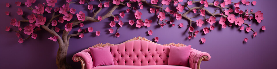A dogwood tree embellished in radiant coral hues forming an intricate 3D pattern with its blossoms above a majestic royal purple sofa, against a gentle buttercream wall.