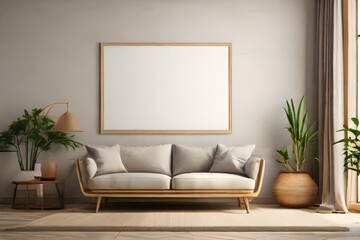 Blank Wooden Picture Frame Mockup On Wall In Modern Interior. Horizontal Artwork Template Mock-Up For Artwork, Painting, Photo Or Poster In Interior GENERATIVE AI