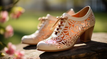 A pair of Spring Step shoes, showcasing intricate details and stitching in the soft, natural light of a sunny spring day.