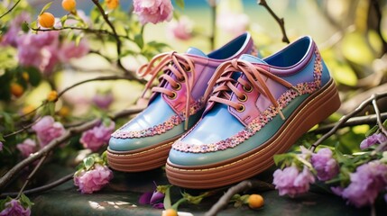 A pair of Spring Step shoes immersed in the vibrant colors of a spring garden, showcasing the details and textures.