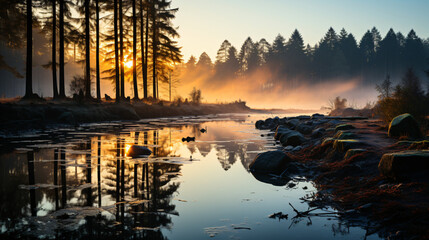 Forest sunrise illuminates a misty scene, reflecting on a tranquil river adorned with rocks.