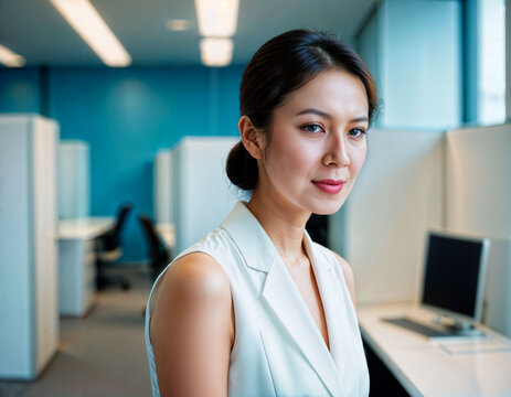 photo of beautiful asian woman inside office meeting room, generative AI