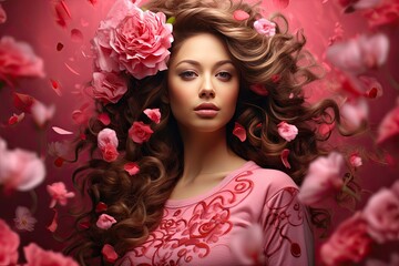 Beautiful woman with flying pink flowers