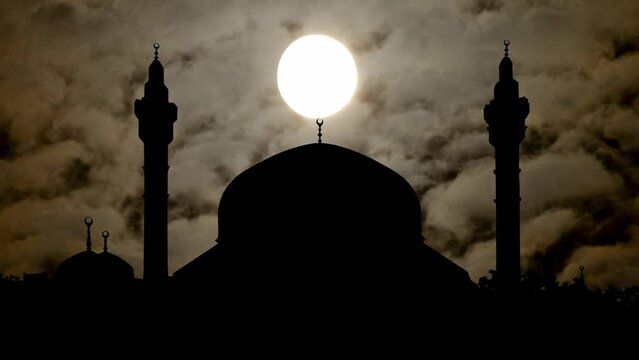 Abdullah King Mosque by Night with Dark Atmosphere, Fog, Smoke, and Full Moon, Amman, Jordan
