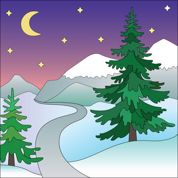 Winter mountain landscape with spruce trees in snowdrifts. Moonlit night in snowy mountains - vector full-color image. Square illustration with trees and mountain road