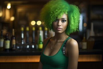 Portrait of a temptive african american woman with curly green hair in the bar. St Patrick day. High quality photo