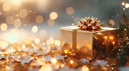 Gift box adorned with a golden bow among sparkling lights and decorations.