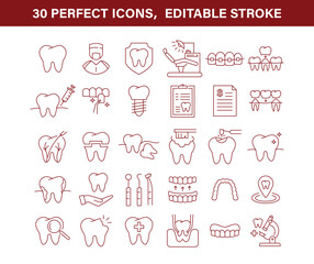 Dental care line icons vector illustration 30 high quality icons and editable stroke
