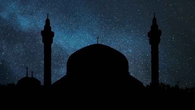 Amman: King Abdullah Mosque (Blue Mosque)by Night, Time Lapse with Stars and Milky Way in Background, Jordan