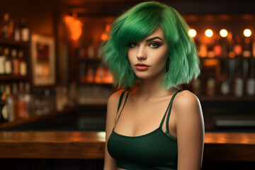 Obraz na płótnie Canvas Portrait of a young tempting woman with short green hair in the bar. St patricks day. High quality photo