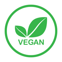 Vegan green vector icon. Organic, bio, eco symbol. Vegan, no meat, lactose free, healthy, fresh and nonviolent food. Round green vector illustration with leaves for stickers, labels, web and logos.	