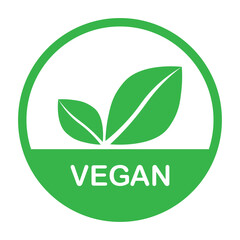 Vegan green vector icon. Organic, bio, eco symbol. Vegan, no meat, lactose free, healthy, fresh and nonviolent food. Round green vector illustration with leaves for stickers, labels, web and logos.	