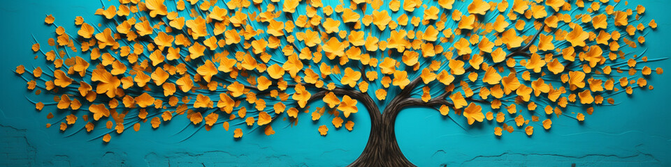 A radiant turquoise tree against a sunflower yellow wall, its intricate leaves forming a vivid 3D pattern.