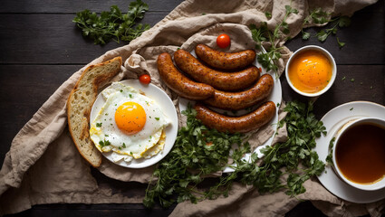 Delicious fried eggs with sausages on the kitchen table rustic