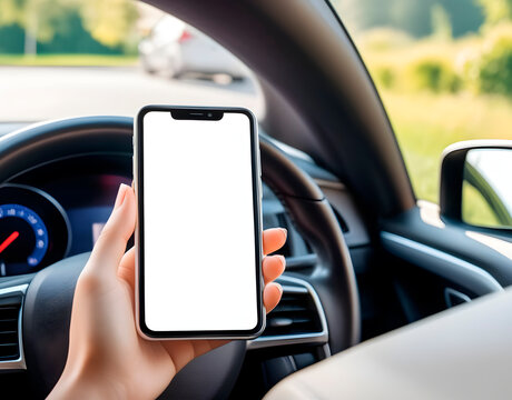 Mock up image, girl using blank white screen mobile smart phone inside a car in sunny day. Generative AI