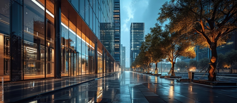 Aufkleber modern office buildings in hangzhou west lake square at night on view from empty street. creative ba