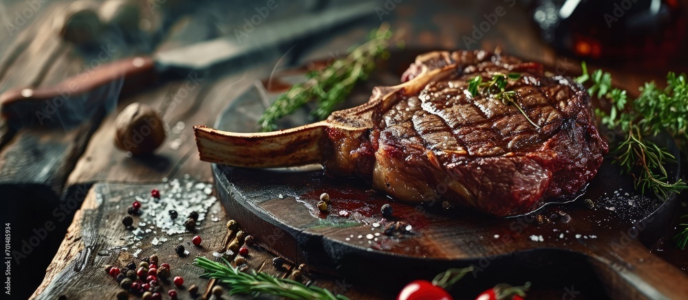 Poster raw tomahawk beef steak and spices ready for grilling. creative banner. copyspace image