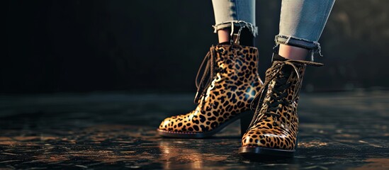 Trendy fashion details close up of ankle boots with leopard print Stylish female outfit Copy empty space for text. Creative Banner. Copyspace image