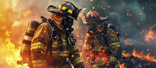 Professional firefighter help their partner through the process of adjusting and fine tuning their gear ensuring it is tailored to their specific needs. Creative Banner. Copyspace image - obrazy, fototapety, plakaty