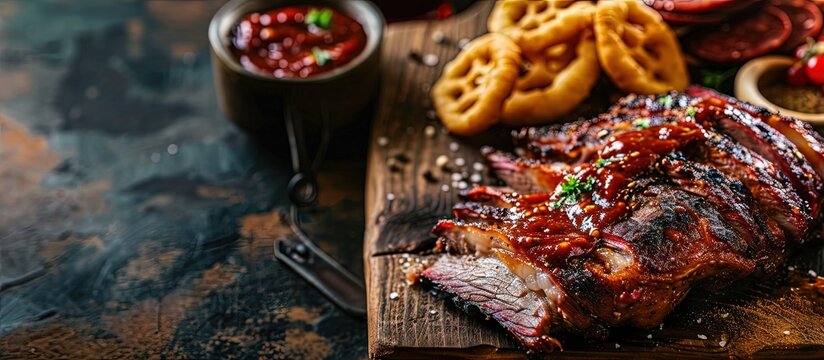 Traditional smoked barbecue wagyu beef brisket offered with farmhouse bread as top view on an old cutting board with Louisiana sauce onion rings and peperoni. Creative Banner. Copyspace image