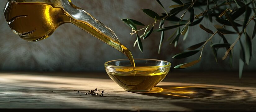 Organic olive oil pouring from carafe into glass bowl. Creative Banner. Copyspace image