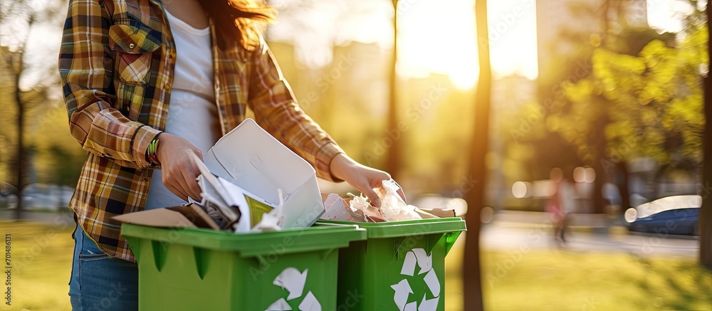 Poster woman putting crumpled paper in a trash bin recycling and waste sorting concept. creative banner. co